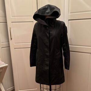 Elegant M0851 Waxed Canvas Black Hooded Trench Coat